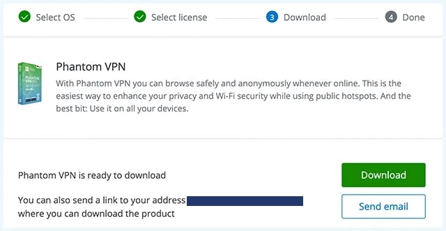 Avira web page with download button for Phantom VPN
