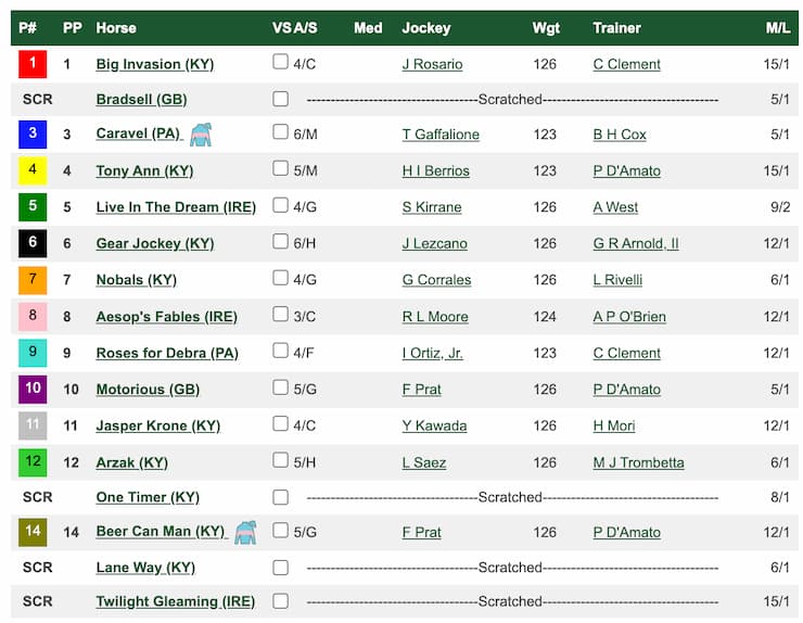 A racing entry list displaying horses, jockeys, trainers, and odds for an upcoming race, with several entries marked as scratched.