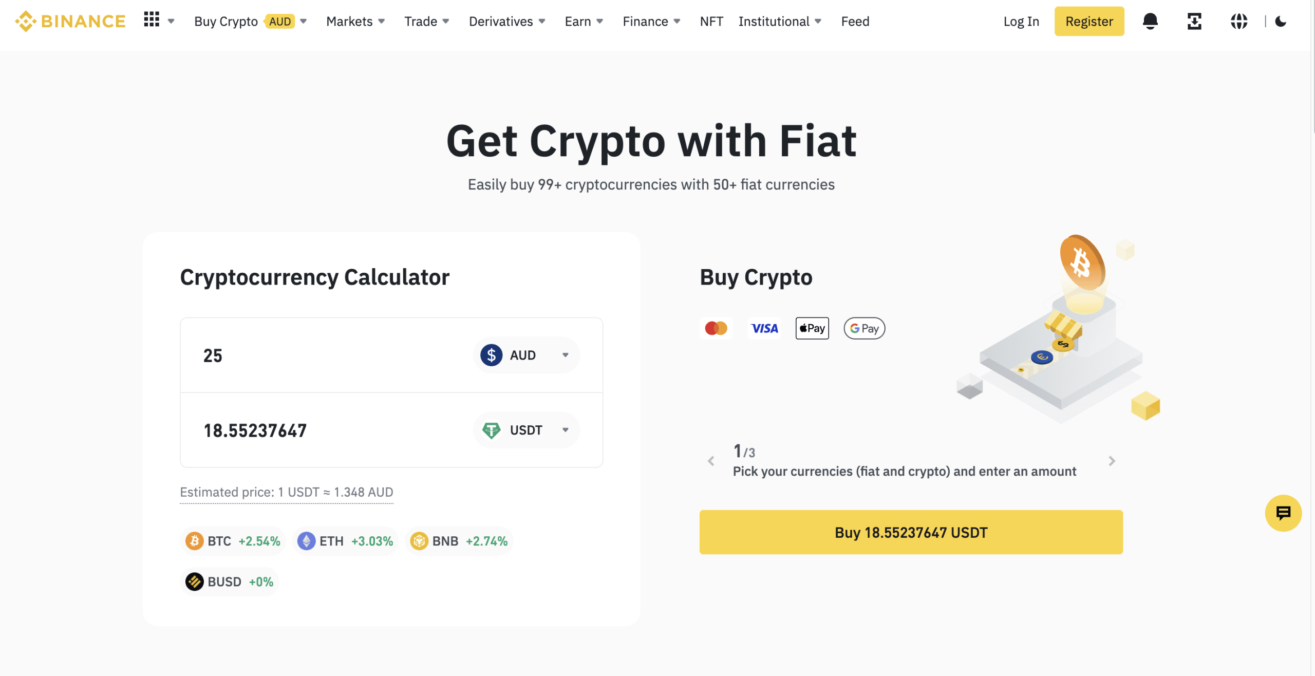 Buy crypto with fiat page on Binance
