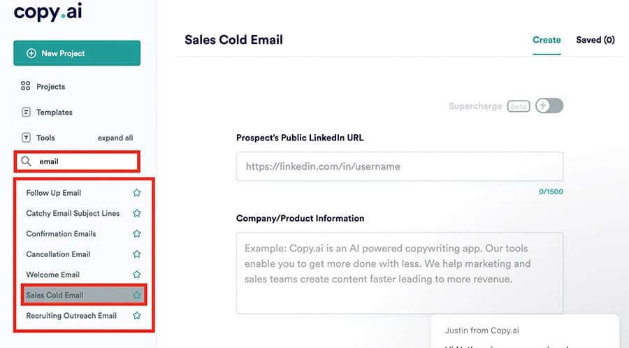 A screenshot of Copy ai's email generation tool.