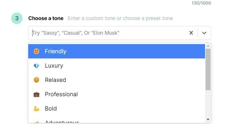 A screenshot of Copy AI's tone selection options.