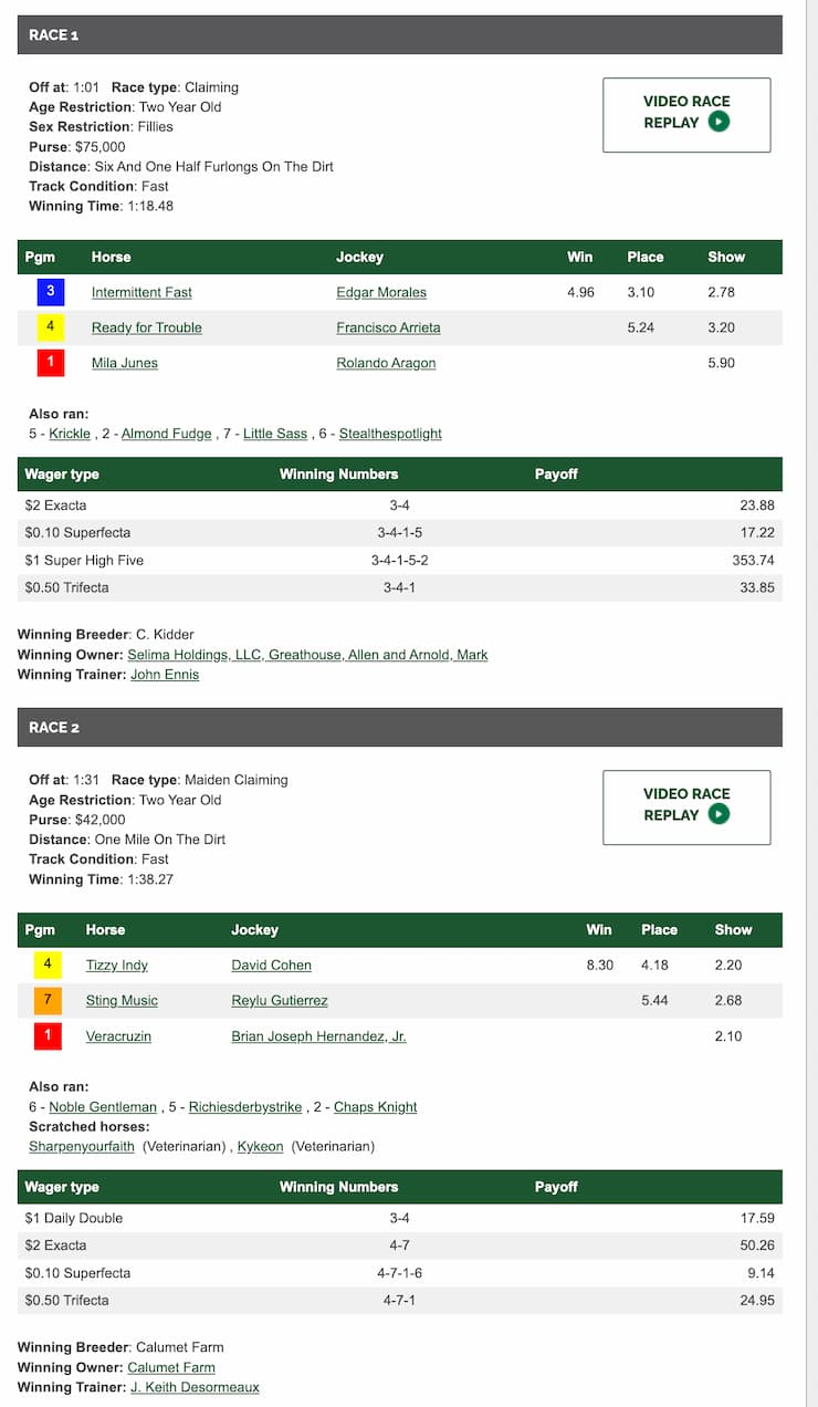 Race results for two events, highlighting winning horses, jockeys, payouts, and details about race conditions and restrictions.