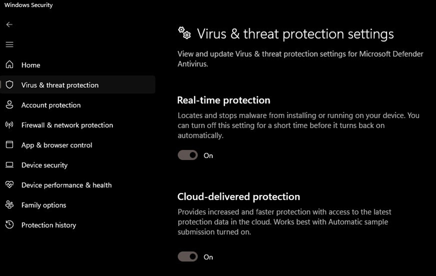 Screenshot showing how to disable Windows Defender.