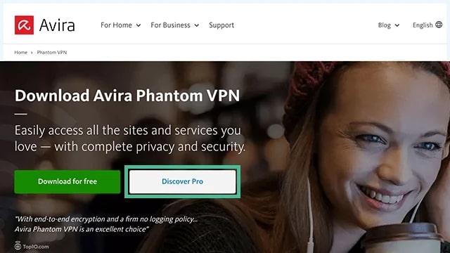 Webpage for Avira Phantom VPN download