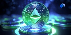Illuminated vertical Ethereum coin logo