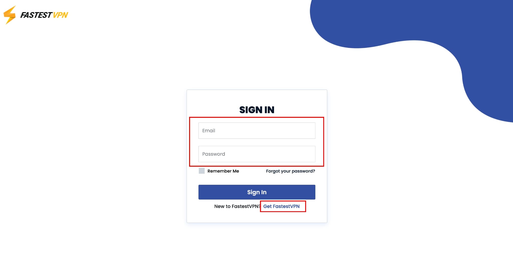 Sign in screen on FastestVPN