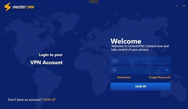 FastestVPN sign in screen