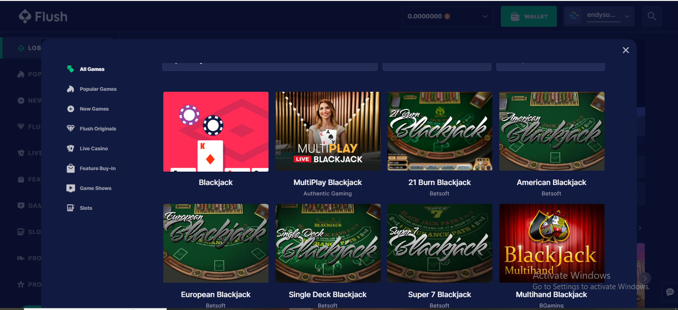 Photo showing different variants of Blackjack games on Flush Casino
