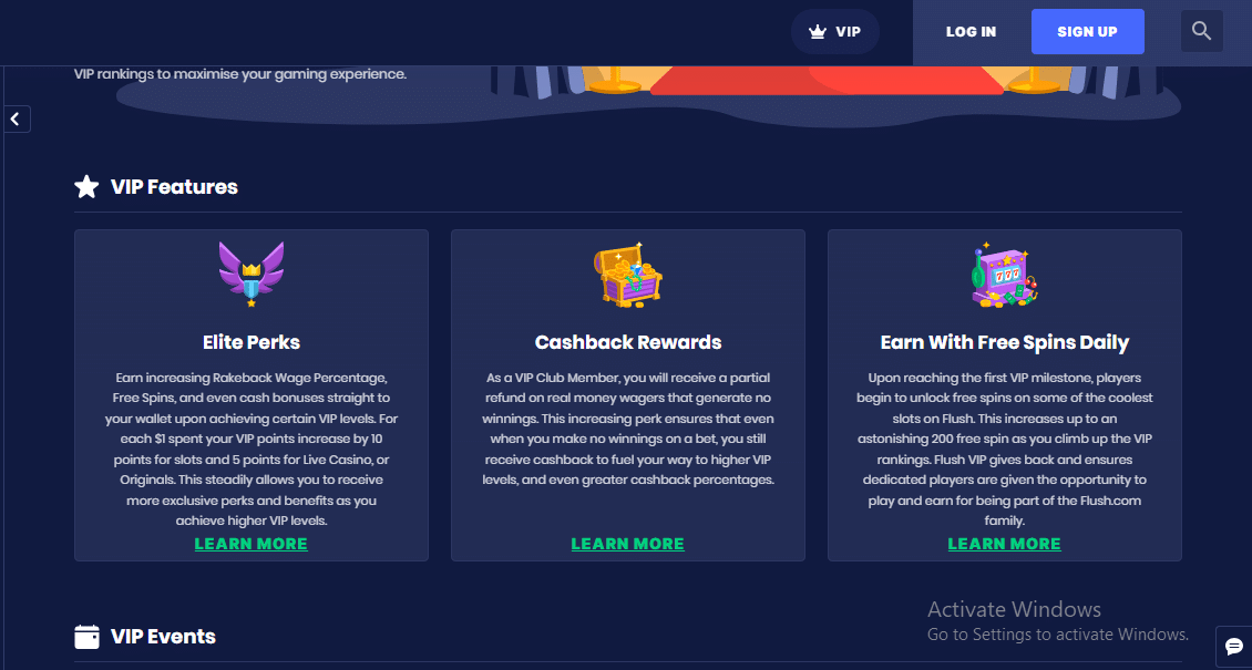 An image showing VIP bonuses and promotions on Flush Casino 
