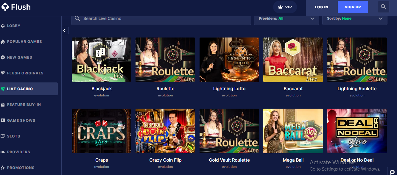 An image showing the live dealer section of Flush Casino