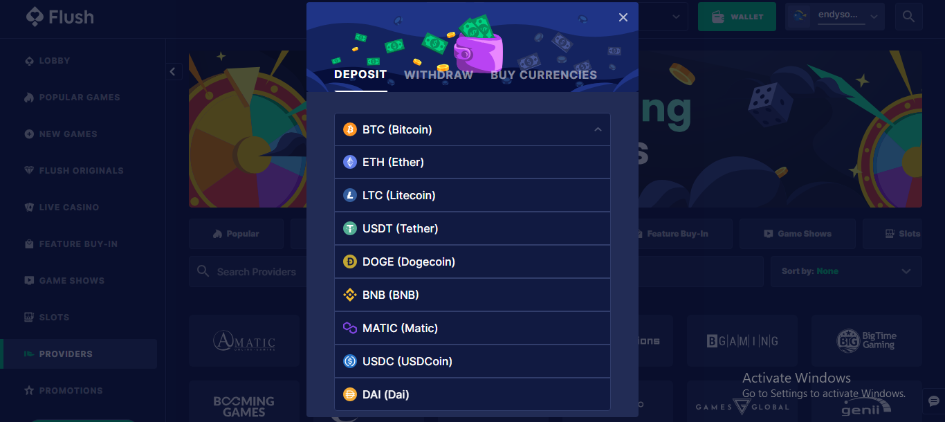 A photo showing all the supported crypto on Flush Casino.