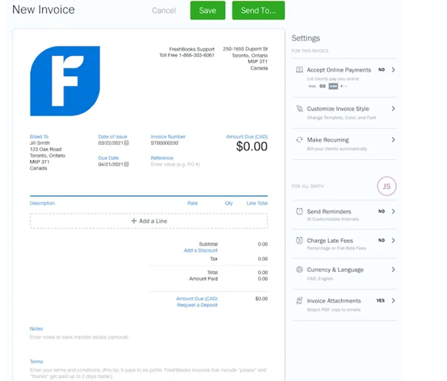 A screenshot of FreshBooks' invoice including payment information.