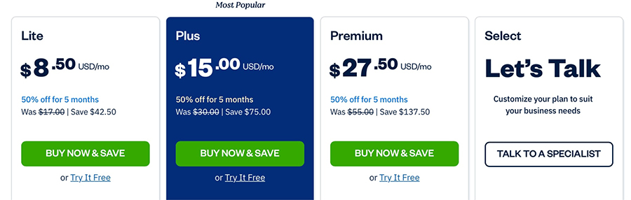 A screenshot of FreshBook's pricing plans.