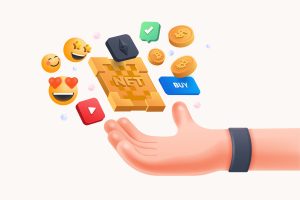 Hand with tokens, NFTs, and emojis