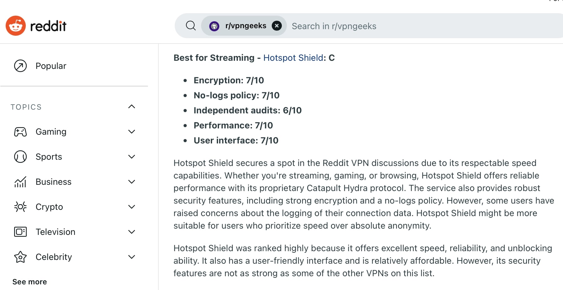 Hotspot Shield VPN review on Reddit