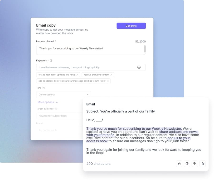 A screenshot of HypotenuseAI's email generation tool.