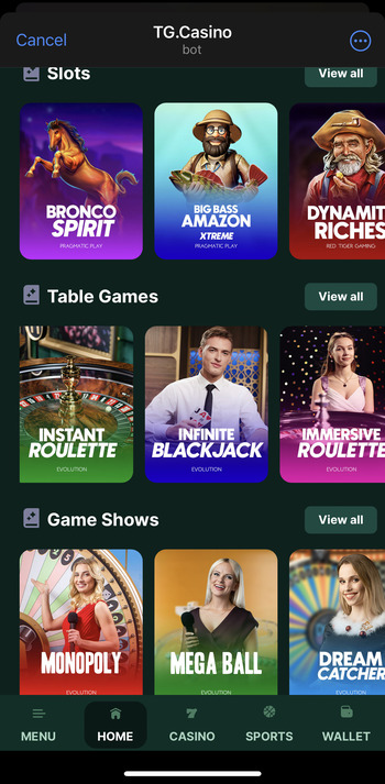 TG.Casino telegram games page.