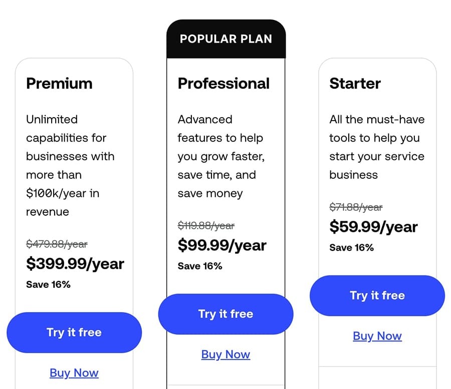 A screenshot of Invoice2go's pricing plans.