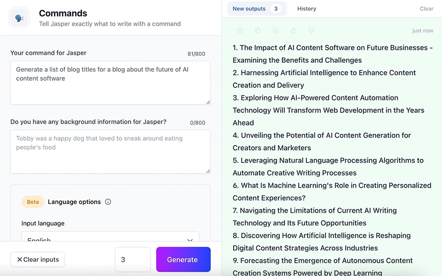 A screenshot showing command input for JasperAI.