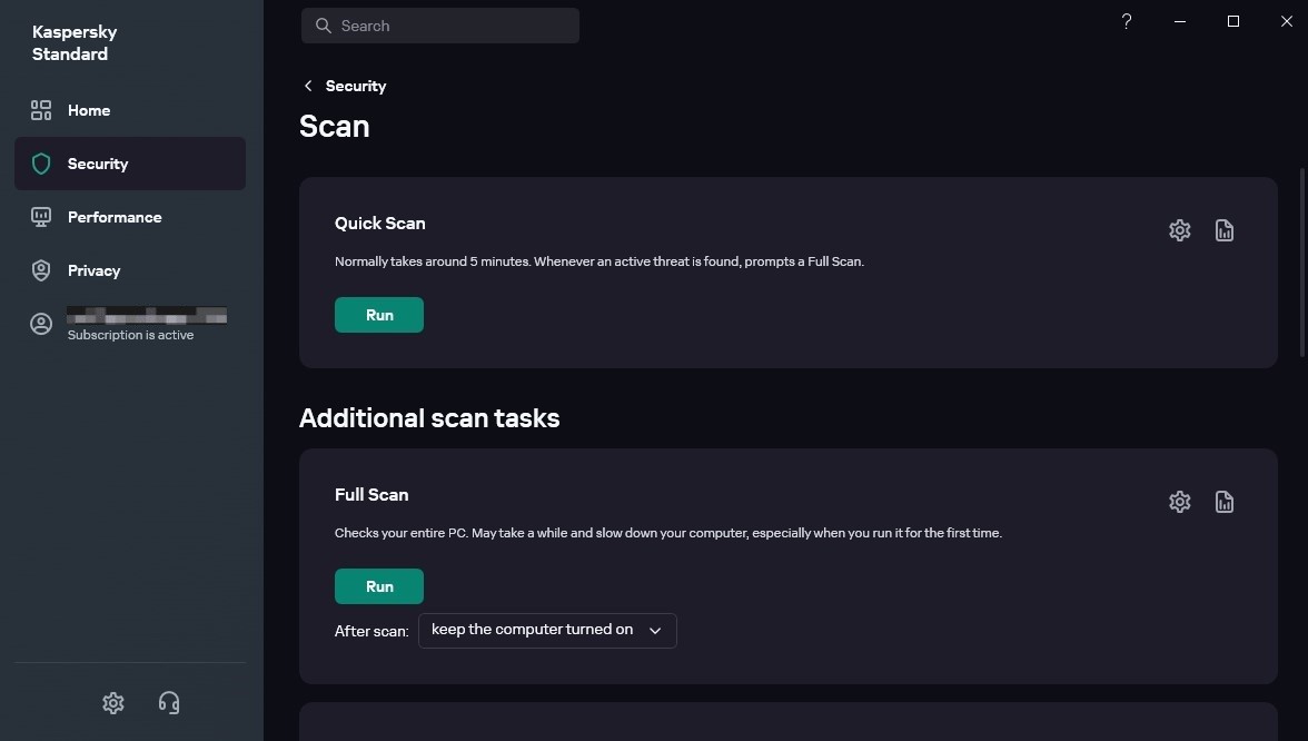 Kaspersky's security interface showing scan options