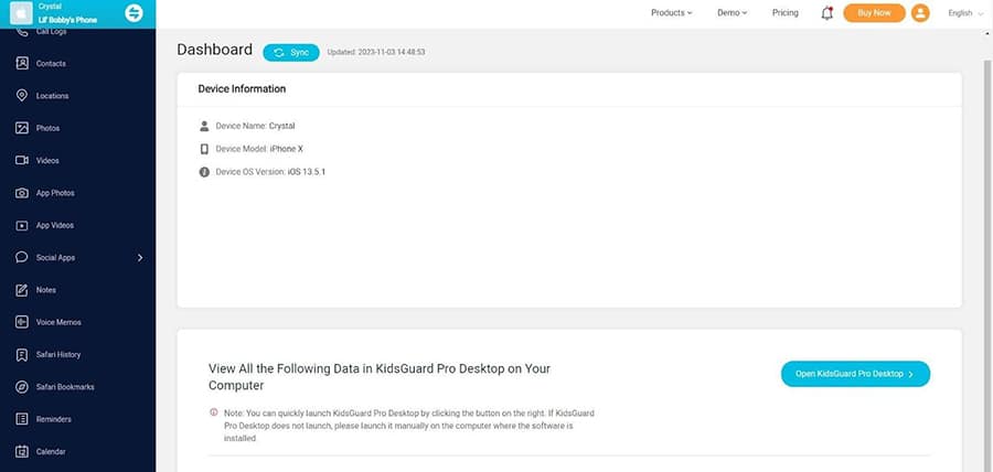 A screenshot of KidsGuard Pro's dashboard.