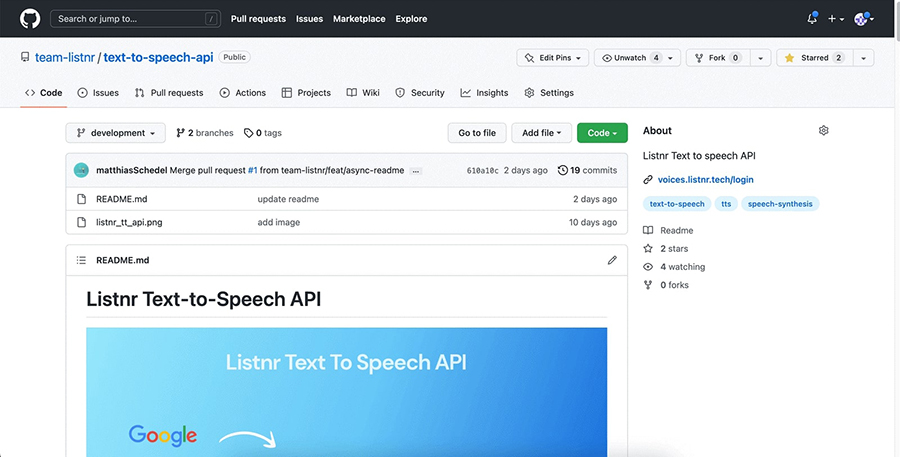 A screenshot of Listnr's text to speech API from GitHub.