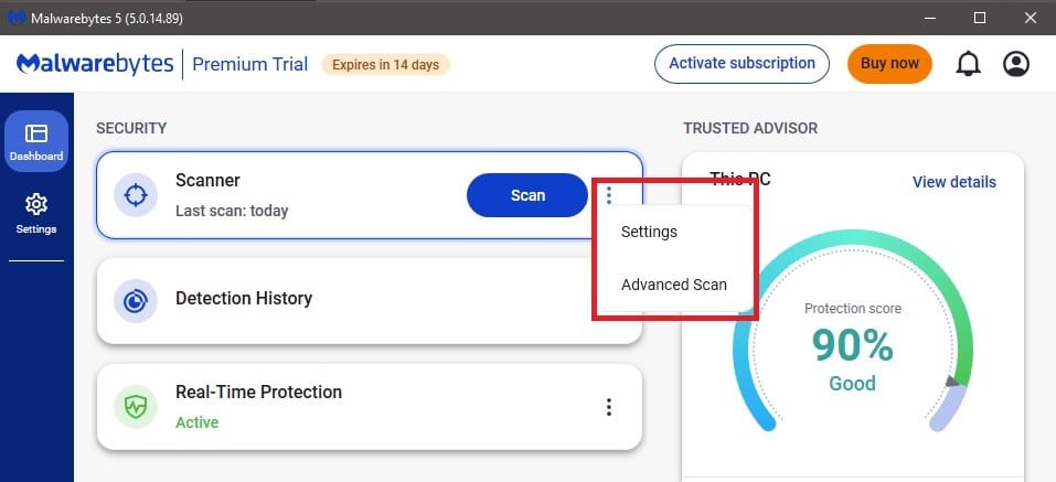 Advanced scan with Malwarebytes