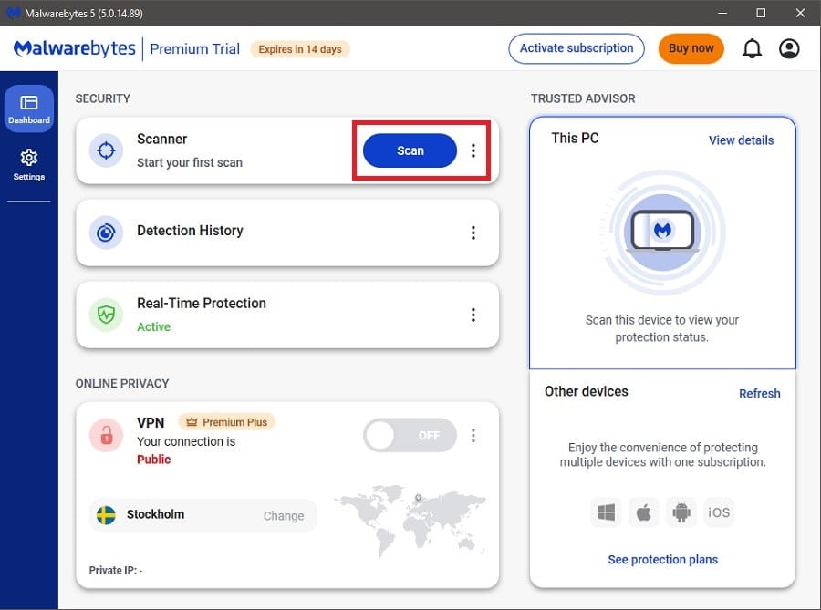 Malwarebytes dashboard