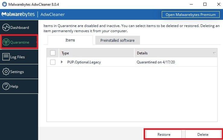 Delete or restore quarantined files
