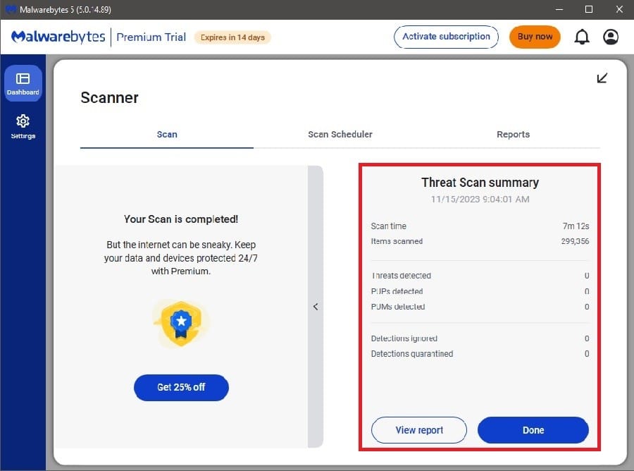 Malwarebytes scan results for Windows