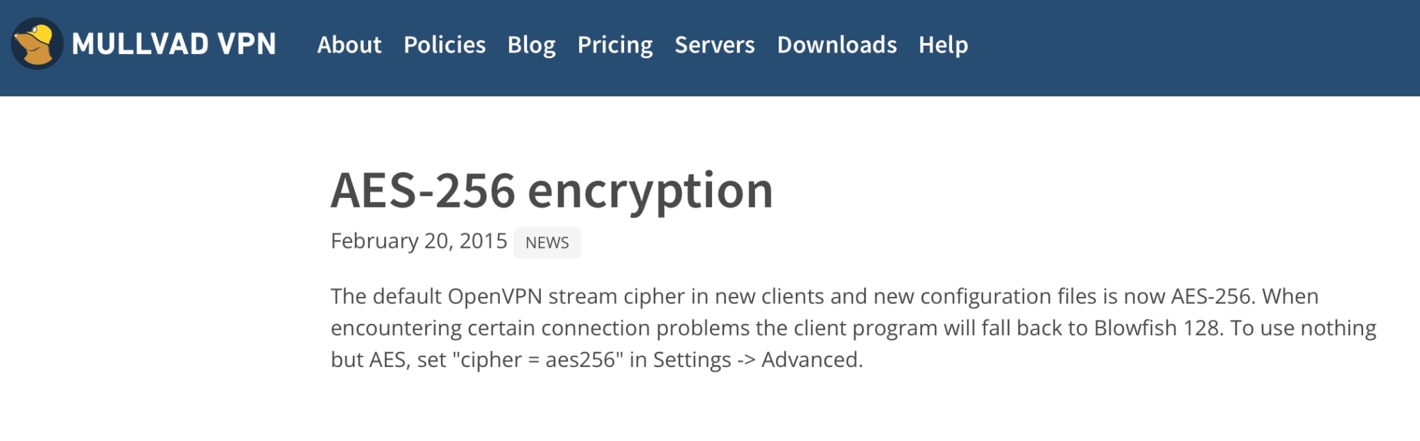 Screengrab of Mullvad VPN website page about AES-256 encryption