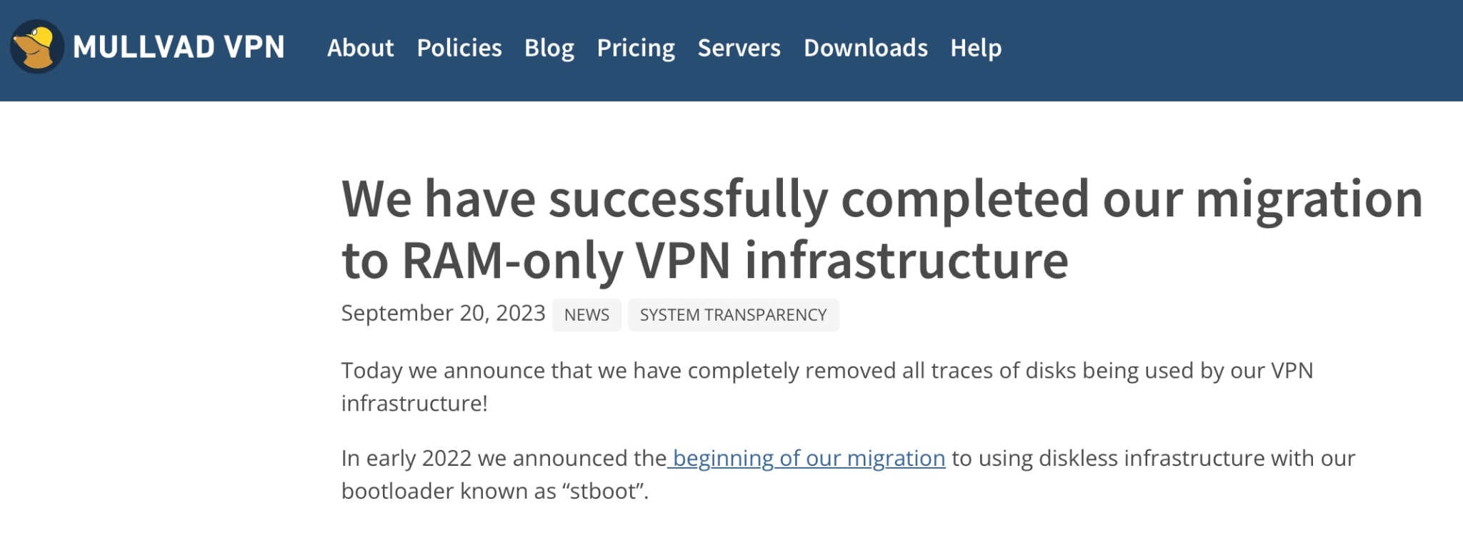 Mullvad VPN website blog explaining the use of diskless infrastructure