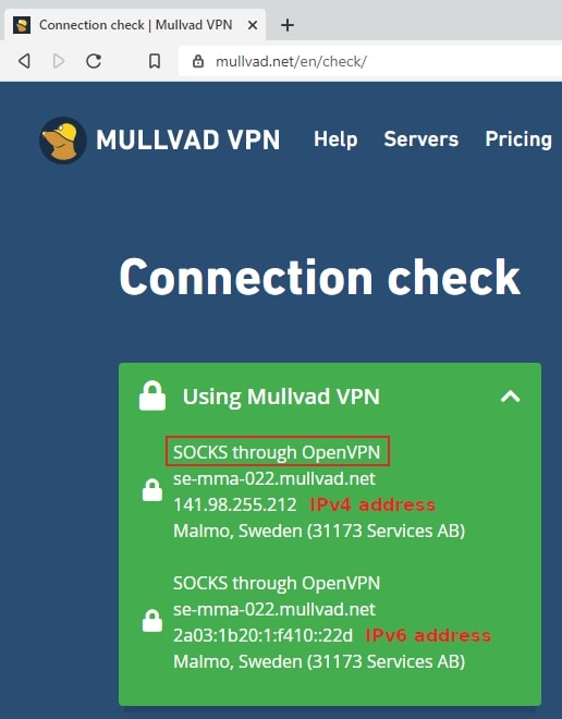 Screengrab showing Socks5 proxy connection
