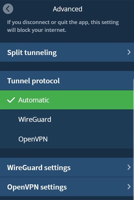 Screengrab of Mullvad VPN advanced setting showing tunnel protocol options.