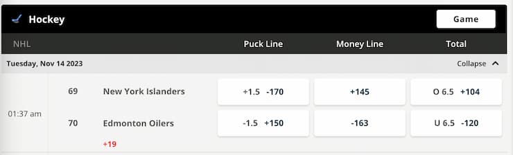 NHL straight bet example