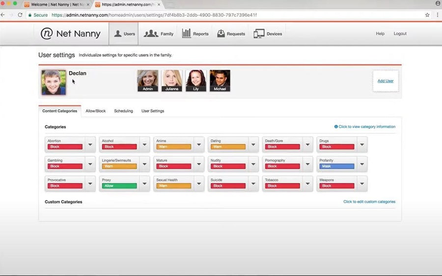 A screenshot of NetNanny's user settings.