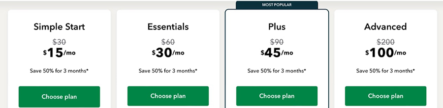 A screenshot of QuickBooks's pricing plans.
