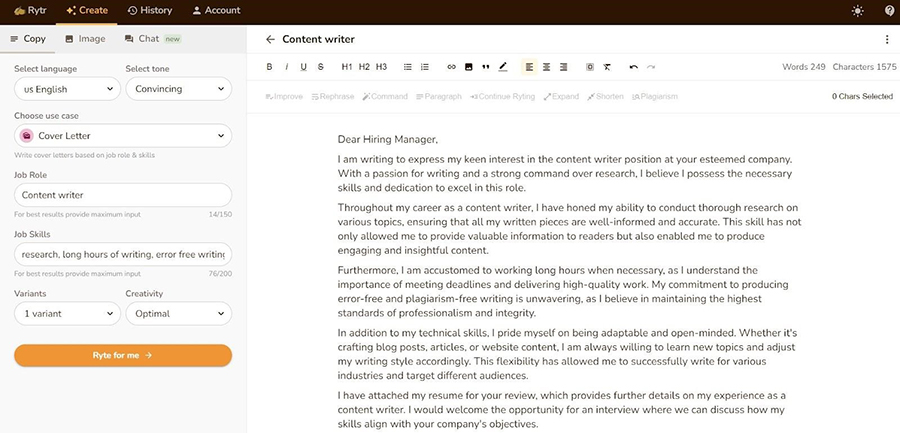 A screenshot showing Rytr's cover letter creation.