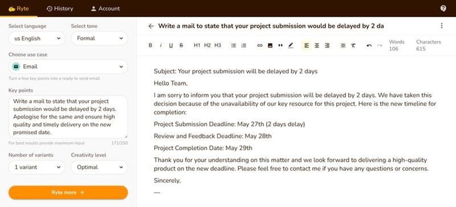 A screenshot of Rytr's email generation interface.