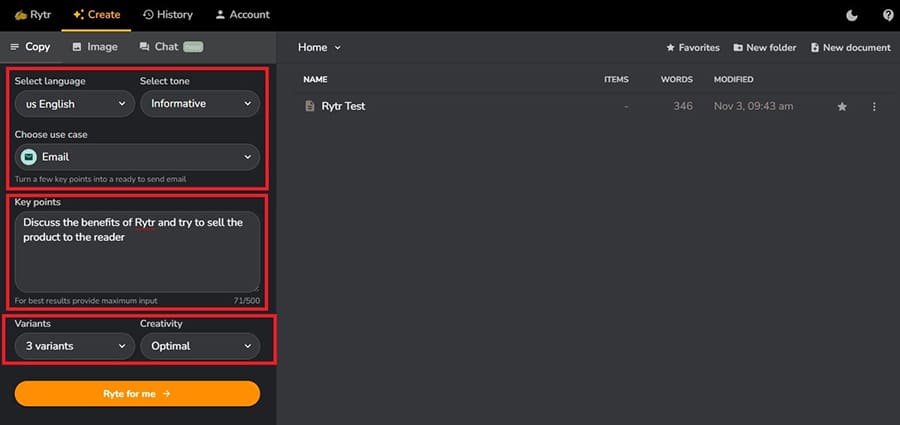 A screenshot the addition of relevant information on Rytr.