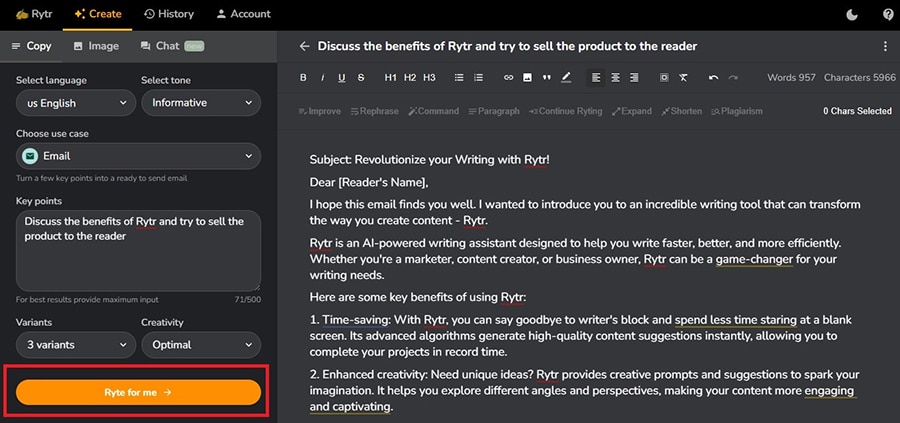 A screenshot showing the button to generate an email on Rytr.
