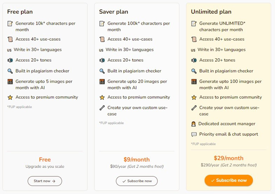 A screenshot of Rytr's pricing plans.