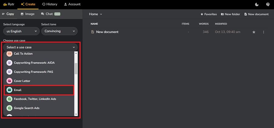 A screenshot showcasing Rytr's use case.