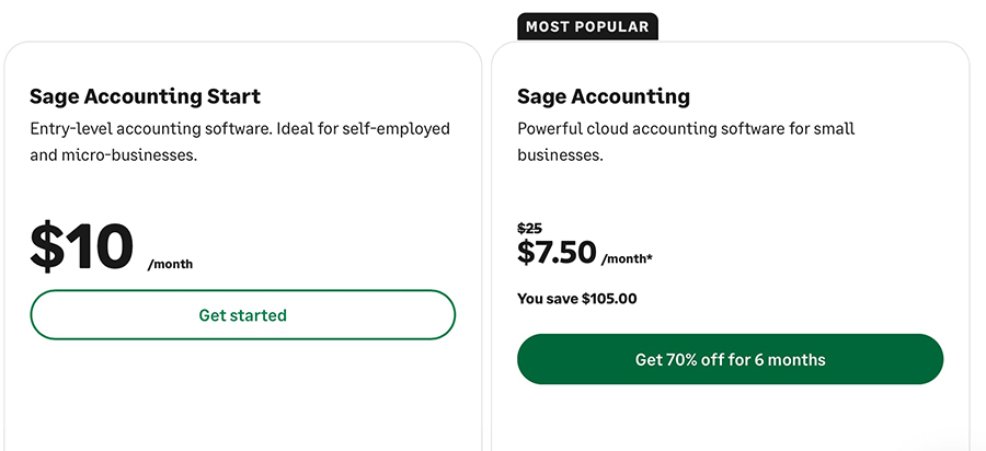 A screenshot of Sage's pricing plans.