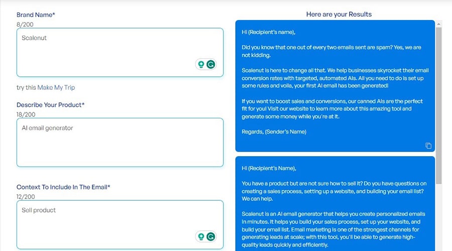 A screenshot of Scalenut's email generation tool.