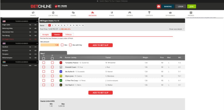 Exacta betting options at BetOnline.