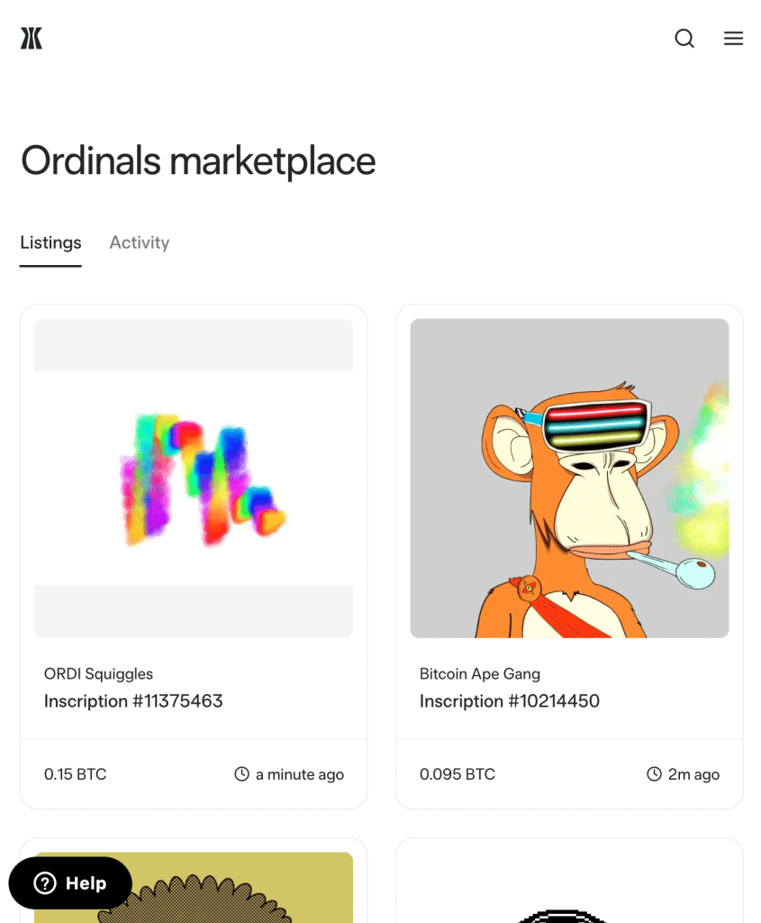 Exploring Ordinals marketplace using a crypto wallet