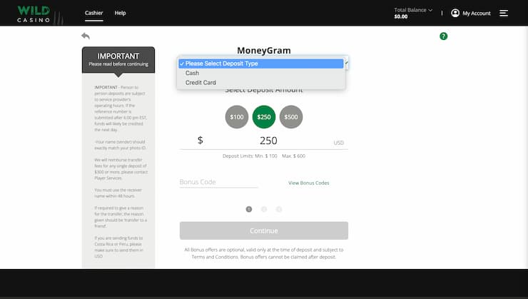 Wild Casino MoneyGram Deposit Step 1