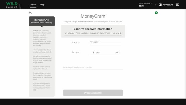 Wild Casino MoneyGram Deposit Step 2