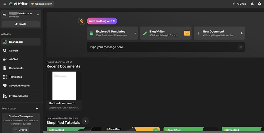 A screenshot of Simplified's dashboard.